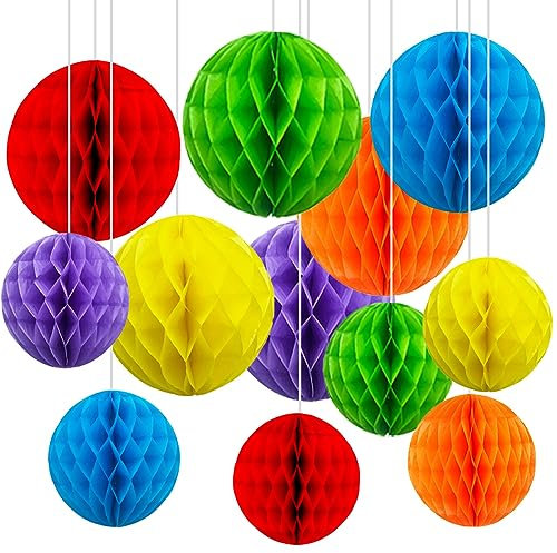CC wonderland zone 12pcs Rainbow Paper Honeycomb Balls,Colourful Hanging Tissue Pom poms for Party Decoration,6inch&10inch
