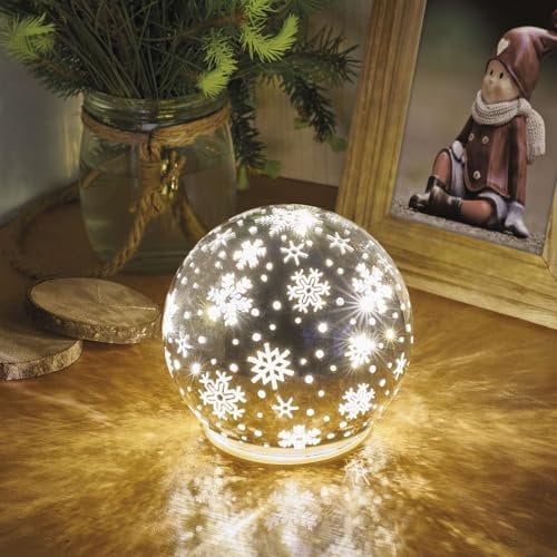 EMOS LED Tischdekoration in Kugelform mit Wintermotiv Schneeflocken, Warmweiß, Innenprojektor mit 10 LEDs, Durchmesser 12 cm, Batteriebetrieben (3x AA), Lebensdauer 10000 Stunden, IP20 Innenbereich