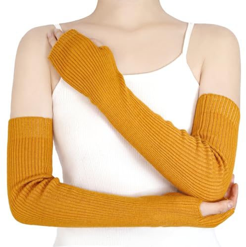 YATANAM Handgelenkwärmer aus Wollmischgewebe, warme fingerlose Handschuhe, gestrickt, weiche Armstulpen, Ärmeln, Tippfäustlinge für Frauen, A-gelb, 19.7''/50cm