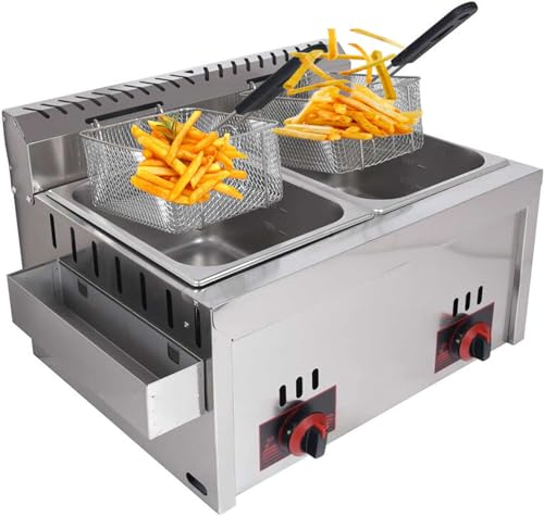 DJXLMN Friggitrice a gas professionale da 10 l x 2 con serbatoio in acciaio inox, perfetta per patatine fritte commerciali in un ristorante di famiglia, 2 cestini per cucinare in modo efficiente