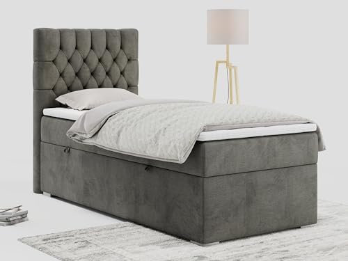 MKS MEBLE Boxspringbett 90x200 mit Matratze, Einzelbett 90x200 mit Bettkasten und Topper, Jugendbett 90x200 mit Stauraum -PERA 90 cm - Dunkelgrau Velvet - H3 - Linke Seite