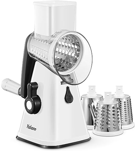Yabano Hachoir & râpe électrique, Trancheuse Robot, Coupe Legumes Multifonctions avec 3 Lames de Tambour Détachables, coupe legume pour Pommes de Terre, Forte Aspiration, Carottes, Fromage, Noix, etc