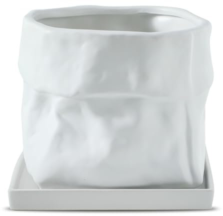Nihow Keramik-Blumentopf: 20,3 cm Übertopf mit Drainageloch & quadratischer Untersetzer für Kräuter/Pflanzen, Taschenform-Design, Blumentopf für Innen- und Außenbereich, Gartendekoration, Weiß
