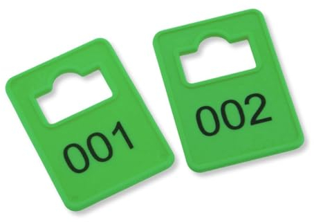 CombiCraft Kunststoff Garderobemarken 'Tiffany' in Grün - 100 Stück - Nummeriert von 1 bis 100 - Maße 36,3 x 50,5 mm - Garderobennummern für Hotels, Diskotheken, Theater oder ähnliches