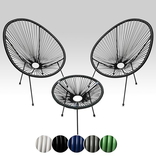 sunnypillow 2er Set Acapulco Gartenstühle mit Tisch - Loungesessel für Wohnzimmer, Terrasse, Garten, Balkon Sessel Stuhl - Korbsessel Gartensessel im Retro Design - Outdoor/Indoor - Schwarz