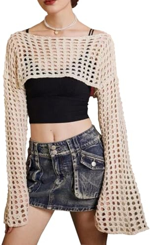 SNOMYRS Mesh Top Langarm Y2k Crop Tops Häkelschal Sehen Sie durch Fischnetz Shrug Knit Bolero Pullover Bikini Cover Ups