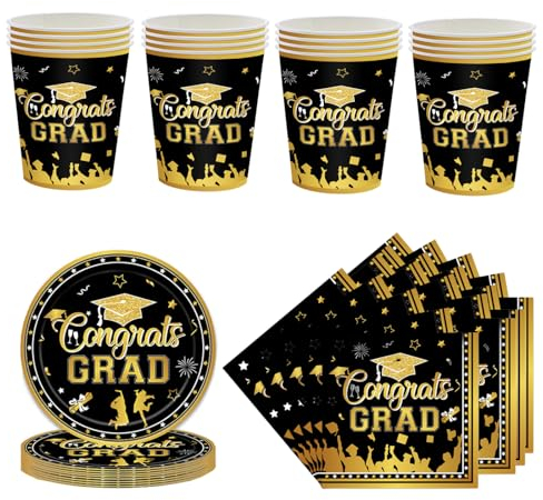 52Pcs Black Gold Graduation Tableware Kit for 16 Guest,2025 Graduate Paper Tableware 16Pcs Plates,16Pcs Paper Cups and 20p Napkin in Gold,Graduation Dinnerware Set for Grad Party Decor Supplies