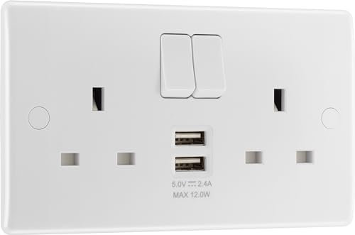 BG Electrical Double Switched Power Wall Plug Socket with Two Type A USB Charging Ports, Round Edge, Nexus 800 Series, White Moulded, 13A, 12W, 822UAA12
