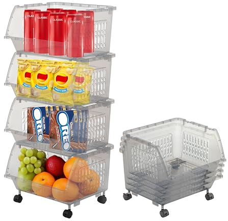 Skywin Plastic Stackable Storage Bins - 4 Pack Large Open Front Storage Bins For Toy Organizers and Storage Bins For Pantry, Kitchen, and Bathroom Essentials (Light Grey)