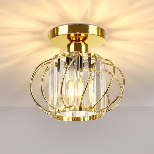 FRIDEKO HOME Deckenleuchte Gold Mini Kristall Kronleuchter,Modern Deckenlampe Metal Rund Lampenschirm E27 Lampe Decke für Schlafzimmer Wohnzimmer Küche Flur
