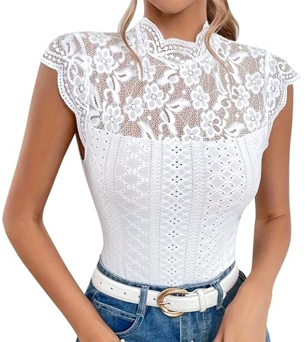 Odizli Spitzen Oberteile Damen Sommer Elegant Sexy Cap Sleeve Rollkragen Blume Spitze Durchsichtig Rückenfreies Enge Spitzentop