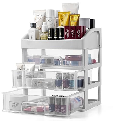 Winter Shore Organizer Trucchi con Cassetti - Organizer Skincare per il Bagno - Portatrucchi Organizzatore per Ripiano - Organizer Make Up con 3 Cassetti - Organizzatore Trucchi Plastica Trasparente
