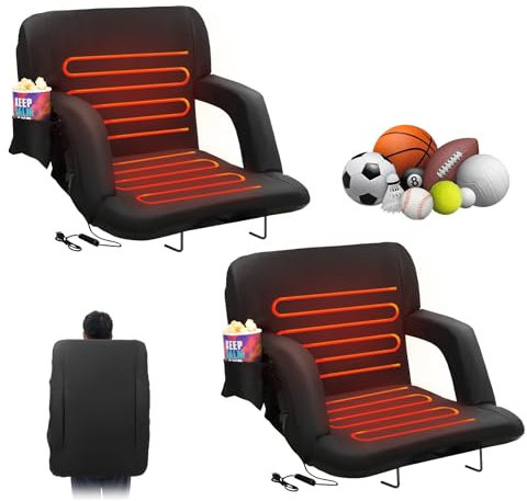 VEVOR Doppelter beheizter Stadionsitz mit Rückenlehne, 3-stufig beheizbarer breiter Tribünensitz, zusammenklappbarer tragbarer gepolsterter Liegestuhl mit Hakentasche und Getränkehalter