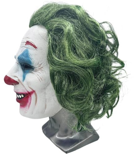 OUMDON Clown Maske mit Perücke, Realistische Latex jo-ker Maske für Erwachsene, Vollkopfmaske Horror Cosplay, perfekt für Karneval Party Maskerade Zubehör
