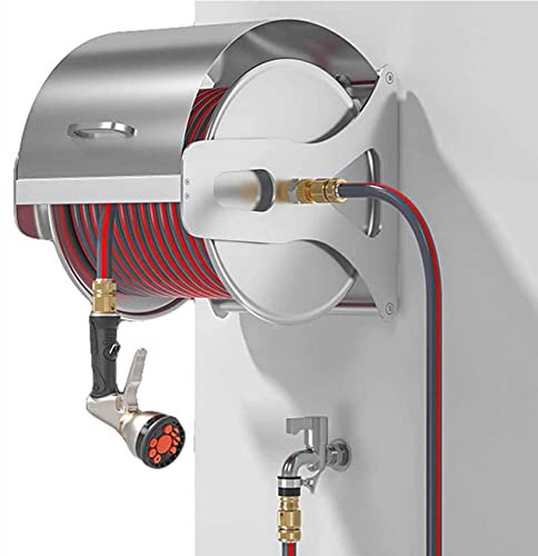 An der Wand montierter Gartenschlauchaufroller, Gartenschlauchaufroller aus Edelstahl, Abnehmbarer oder an der Wand/am Boden montierter, einziehbarer Aufbewahrungshalter für Gartenschläuche,