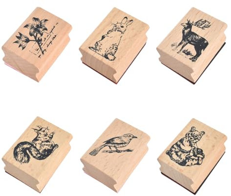 6 Stück Holz Tierstempel, Waldtiere Stempel-Set aus Holz, Süßes Tiere Stempel Vintage mit Tiere und Pflanzen-Waldmuster, Gummi Holz Stempel für Scrapbooking Bastelmarken Dekorative Siegel