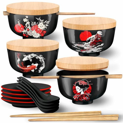 Japanese Ramen Bowl Set of 4-20 Pcs, 32 Oz Ceramic Large Ramen Bowl with Chopsticks & Spoons, Pho Bowls, Asian Soup Bowls with Chopstick Holder, Noodles, Rice, Udon, Thai, Chinese, Korean, 6.5 inch