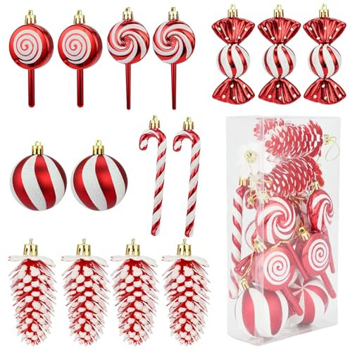Weihnachtsbaum Deko Rot, 15 Stück Christbaumschmuck Set, Glitzer Weihnachtsbaumschmuck, Weihnachtsbaumanhänger Plastik, Zuckerstange, Bonbon, Kugel, Tannenzapfen mit Kordel für Weihnachtsbaum Deko