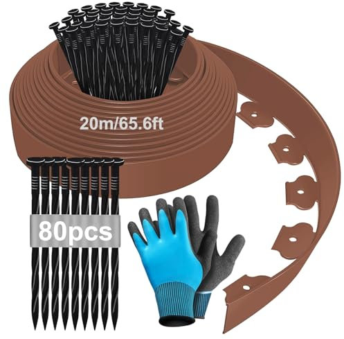 Bordure de Jardin Flexible 20m, Bordure Jardin Exterieur Hauteur 5cm, Bordure Jardin Plastique, Bordurette de Jardin, Garden Edging, Bordure de Tonte, avec Gants et 80 Ongles - Marron