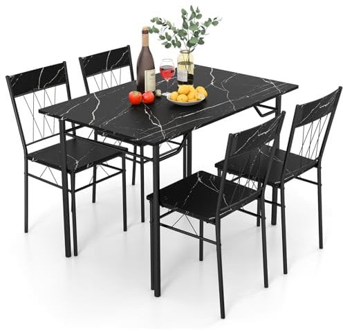 TANGZON Dining Table and Chairs Set 4, 5 Pieces Wooden Kitchen Table and 4 Chairs with High Backrest & Marble/Cement Texture, Metal Frame Dining Table Set Furniture for Home Dining Living Room (Black)