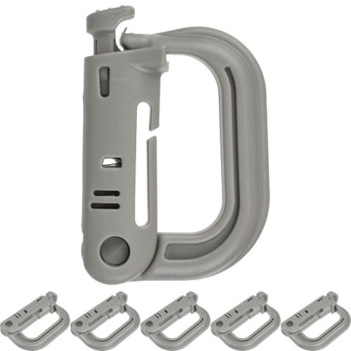 Snap hook, 6 pieces, D-shaped, made of plastic, in grey, Molle carabiner for tactical equipment, belt, rucksack, key ring, plastic carabiner clip belt loop, ABS outdoor hanger hooks