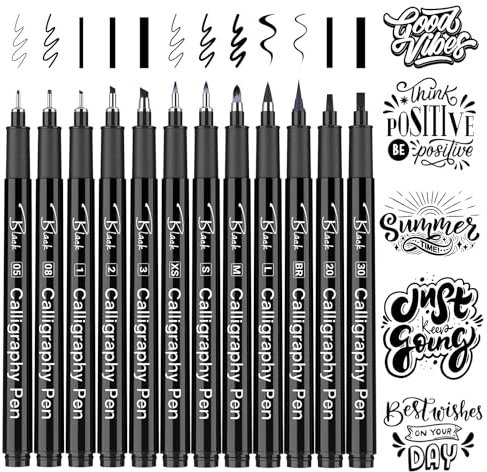 APOGO Kalligraphie Stift Set, 12 Größe Kalligraphie Stifte zum Schreiben, Handlettering Marker für Anfänger, Kalligraphie Kit, Pinselstifte für Kunst Zeichnen, Skizzieren, Scrapbooking, Journaling,