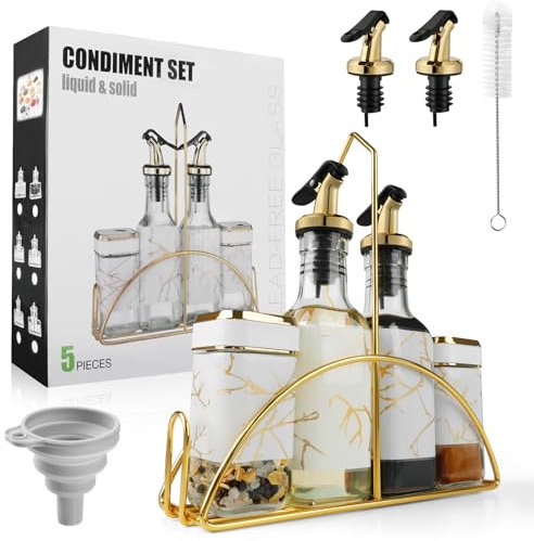 SXTIHD Botella para aceite y vinagre 200 ml*2 y recipiente para especias 120 ml*2, juego de aceite y vinagre 5 en 1, dispensador de pimienta con embudo y cepillo duro (film plástico)