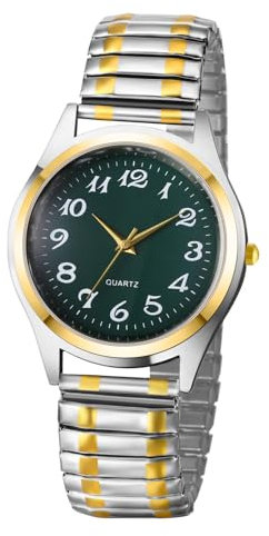JewelryWe Herrenuhr Edelstahl Stretcharmband Uhr: Einfache Analog Quarz Armbanduhr Herren Gold Silber Elastische Edelstahlarmband Uhren mit Zugarmband & Grünem Großen Zahlen Zifferblatt