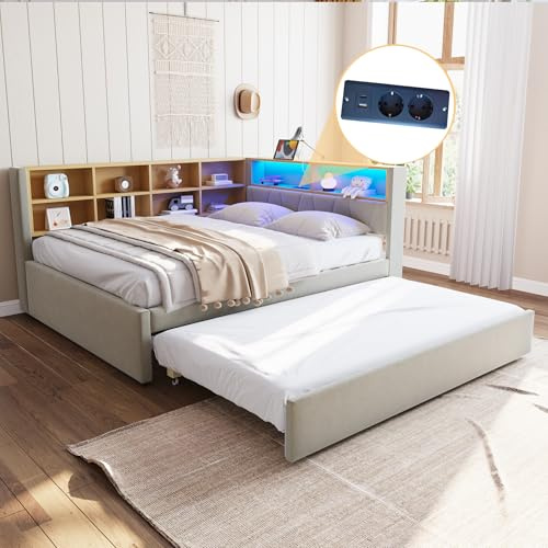 KUAKE Polsterbett mit Ausziehbett 140x200cm(90x190 cm),Schlafsofa Tagesbett mit LED Beleuchtung und Lattenrost, Daybett Sofabett Jugendbett vielen Staufächern, Ohne Matratze (Hellgrau, 140x200cm)