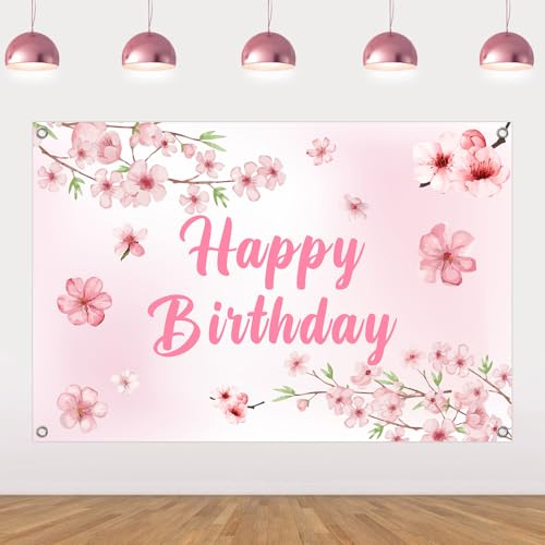 Fangleland 5x3ft Cherry Blossom Birthday Party Backdrop, Pink White Sakura Theme Happy Birthday Photography Background for Outdoor Indoor Decor Party Photo Props Supplies