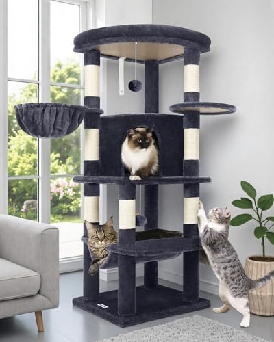 Globlazer Tiragraffi per Gatti con 90° Settore Grandi Piattaforma Imbottiti Grotte Cesto Morbido Amaca, Albero Tiragraffi Alto 130 cm Stabile Adatta Angolo per Piccolo Gatti Grandi (C51, Grigio Scuro)