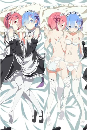 JNLIFT Body Kissenbezug Kissenhülle Anime Pillowcase für Re- Zero Rem Ram,Doppelseitige Umarmungskissen Bezug,Waschbar Dekokissen Bezüge,Shortplush-50x150CM