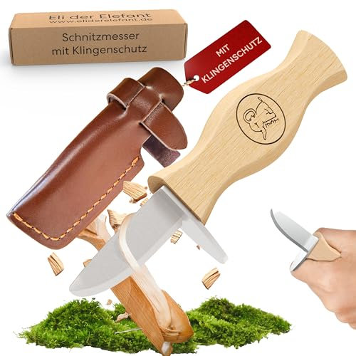 Eli® Schnitzmesser für Kinder mit Klingenschutz aus Leder ab 6 Jahre - hochwertiges Kindermesser Schnitzset - Kinderschitzmesser - Schnitzwerkzeug für Jungen und Mädchen - Outdoor Messer