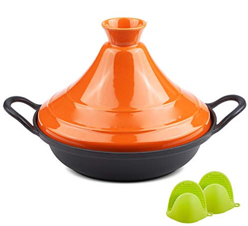 Tagine PotCasserole Dishes with Lids Cast Iron Tagine Pot, Moroccan Tajine with Enameled Cast Iron Base and Silicone Gloves (Orange)