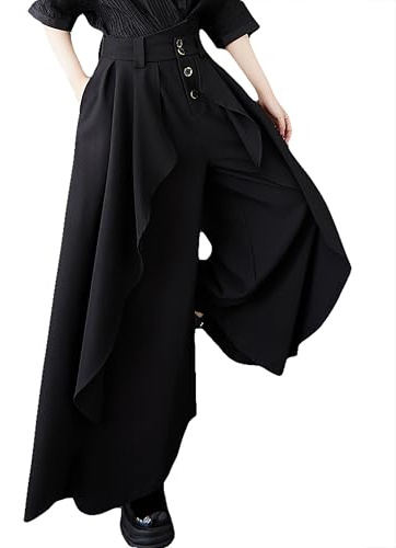 ellazhu Pantalon Femme Jambes Larges avec Poches Taille Haute à Boutons Ourlet asymétrique irrégulier GZ468
