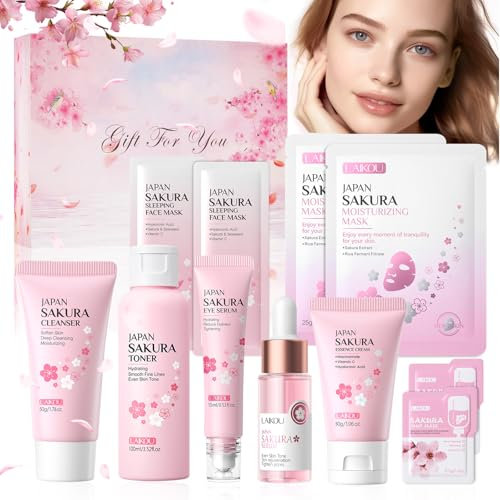 Sakura Skincare Set, Sakura Gesichtspflege Set 11 Stück, Anti-aging Gesichtspflege Set mit Gesichtscreme, Reiniger, Toner, Augenserum, Serum, Feuchtigkeitsmaske, Gesichtspflege Set Damen