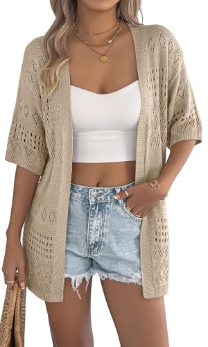 Ausing Femme Gilet Ete Chic et Elegant Veste Long Legere Femmes Cardigan Manches Demi Gilets Léger Devant Ouvert Manteau Mi Longue Tricoté Doux Confortable Respirable S-XXL