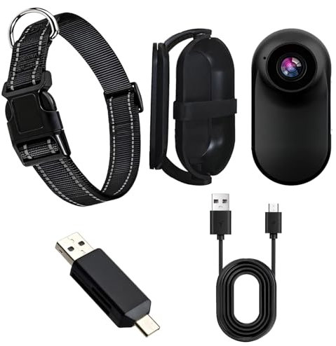 Mini cámara de acción para mascotas con montaje de 360°, collar ajustable para gatos y perros, cable USB, grabación HD