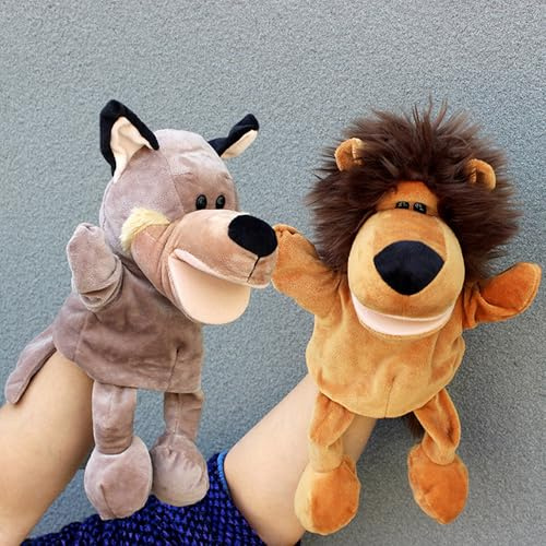 XSQD 2 Pieces Lion And Big Bad Wolf Hand Puppets, Adult Storytelling Puppets Movable Open Mouths, Animal Ventriloquist Performance Puppet, Suitable for Magic Shows and Audience Interaction