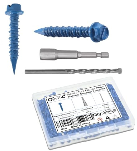 OywhC 50Pcs Masonry Concrete Screws 4.8mm x 32mm with Hexagon Socket Bit & Drill Bit, Special Blue Coating, Hexagon Flange Head, Conical Diamond Tip, High-Low Threads, for Masonry/Concrete/Brick/Block