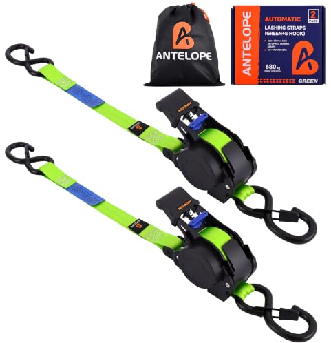 A ANTELOPE Automatik Spanngurt, 2 Stück Automatischer Spanngurtaufroller | 340KG/680KG, 3,6 m x 25mm, Einziehbare Spanngurte mit Ratsche und S Haken für Motorrad, Kajak und LKW, Grün