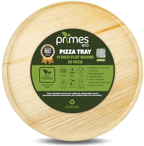 PRIMES ECO Disposable Palm Leaf 11 (27.94cm) Flat Round Pizza Trays | Eco-Friendly, Compostable & Biodegradable Plates | Strong, Microwave & Freezer Safe (25, 11 Inch)