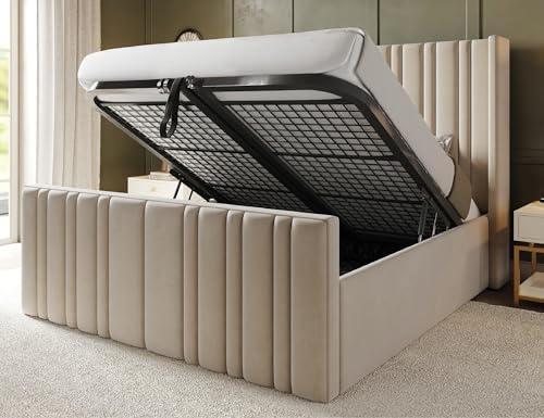 Furnishion Brixton Wingback King Size Bed Frame with Storage, Modern Velvet Ottoman King Size Beds with storage, Luxury Frame with Metal Mesh Base & 48 Headboard, Storage Bed in Cream Plush