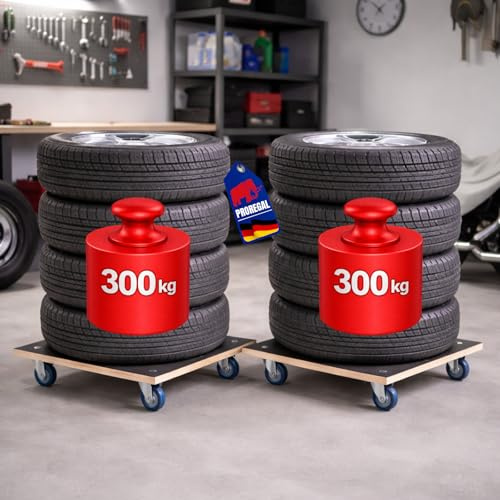 PROREGAL 2er Set Profi Transportroller Hercules 58x58 cm Schwerlast bis 300 kg mit 4 Gummirollen & Griff, Siebdruckplatte rutschfest, Rollbrett für Reifen Möbel Waschmaschine Möbelroller Werkstatt