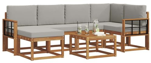 vidaXL Outdoor-Sofagarnitur mit Kissen 7 pcs Natürlich und Hellgrau, Garten, modern, langlebiges Outdoor-ecksofa-Set, Patio-Lounge-möbel, terrasse-innenwohnen-Komfort