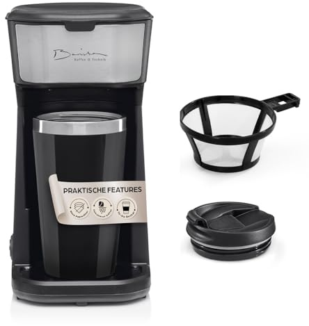 Barista Single Kaffeemaschine to go 450 Watt | kompakte Filterkaffeemaschine mit Thermobecher | kleine, tragbare Coffee to go Maschine | Inkl. Isolierbecher & Nylon-Permanentfilter - Schwarz, Silber