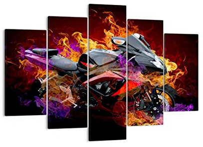 Leinwandbild 150x100cm Wandbild Autos - 0177 | Motorrad Feuer Abstraktion Mehrteilige Groß XXL Wanddekoration Wohnzimmer Schlafzimmer Wand Kunstdruck Wandkunst ARTTOR