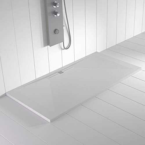 Piatto doccia in resina WIDE scarico lineare laterale Colore Bianco 150x80 finitura effetto ardesia antiscivolo, griglia dello stesso colore e piletta