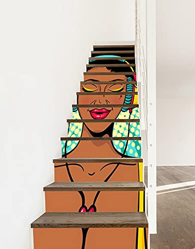 A.Monamour 3D Self-Adhesive Removable Stair Stickers Afro Black Hair African Woman with Headphones Pop Art Vinyl Stair Riser Decals Kitchen Tile Stickers Mural Wall Stickers Wallpaper 13 Pieces
