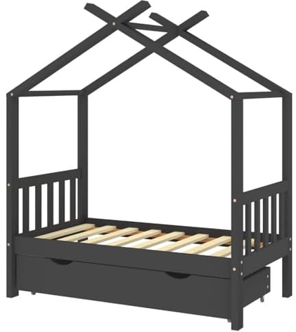 vidaXL Kinderbett mit Schublade, Kinder Bettrahmen für Kinderzimmer, Kinder Bettgestell mit viel Stauraum, Spielzeug Kinderhaus, Dunkelgrau 70x140 cm Massivholz Kiefer